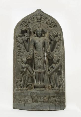 The Hindu deity Vishnu with the goddesses Lakshmi and Sarasvati