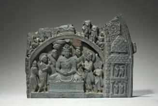 Fragment of a false dormer with a scene perhaps of the bodhisattva Svetaketu, flanked by Brahma and Indra, in Tushita heaven awaiting rebirth as Siddhartha