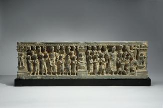 Architectural fragment showing the offering of the handful of dust and Maitreya and attendants
