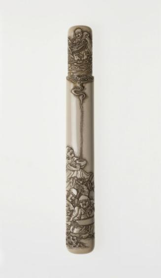 Pipe case with design of enlightened beings (arhats), dragon, and clouds