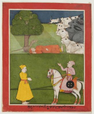 Guru Nanak and the cobra's shade, from a manuscript of the Janam Sakhi (Life Stories)