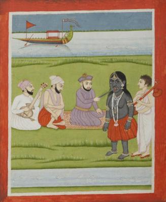 Guru Nanak's meeting with the demon Kaliyuga, from a manuscript of the Janam Sakhi (Life Stories)