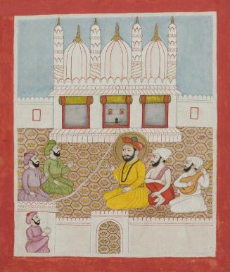 Guru Nanak converses with Muslim clerics, from a manuscript of the Janam Sakhi (Life Stories)