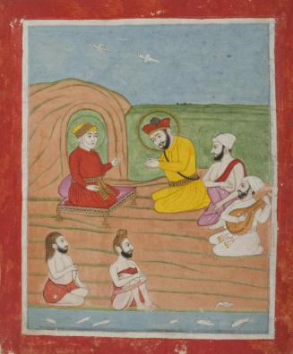 Guru Nanak meets the poet Kabir, page from a manuscript of the Janam Sakhi (Life Stories)
