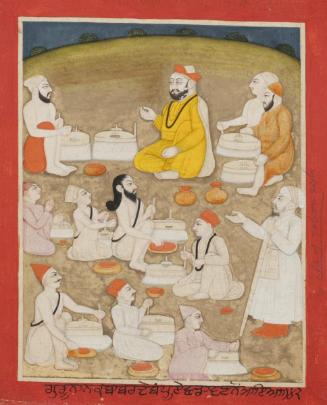 The Mughal emperor Babur, visiting Guru Nanak in prison, witnesses the miraculous self-turning millstone, from a manuscript of the Janam Sakhi (Life Stories)