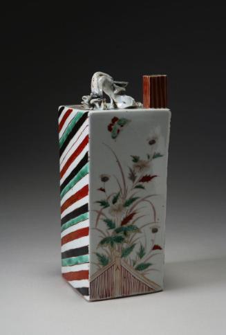 Square sake bottle with stripes, thistles, and butterflies