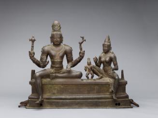 The Hindu deities Shiva and Parvati with their son Skanda