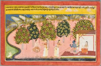 The demoness Shurpanakha, in the form of a beautiful woman, addresses Rama and Lakshmana; a scene from a Rama epic