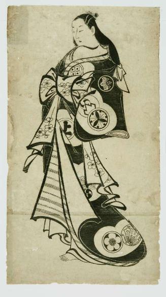 A courtesan wearing a robe decorated with actors' crests