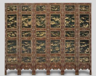 Six panel folding screen with scenes of birds, flowers, and landscapes