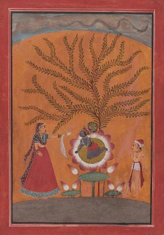 The Hindu deity Krishna as a boy, being scolded for eating mud