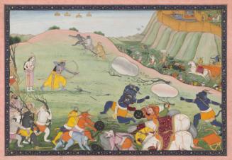 Rama kills the demon warrior Makaraksha in combat, from a manuscript of the Ramayana