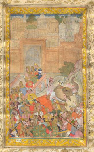 The Emperor Akbar and his troops leave a fortress: a page from an Akbarnama, mounted on a page from the Farhang-i Jahangiri