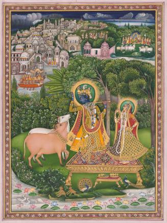 Krishna and Radha standing on a throne