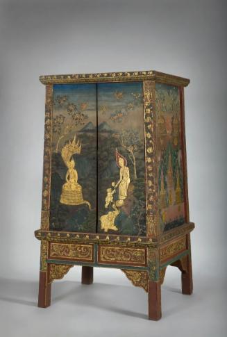 Manuscript cabinet with scenes of the life of the Buddha, and of five Buddhas of the past, present, and future