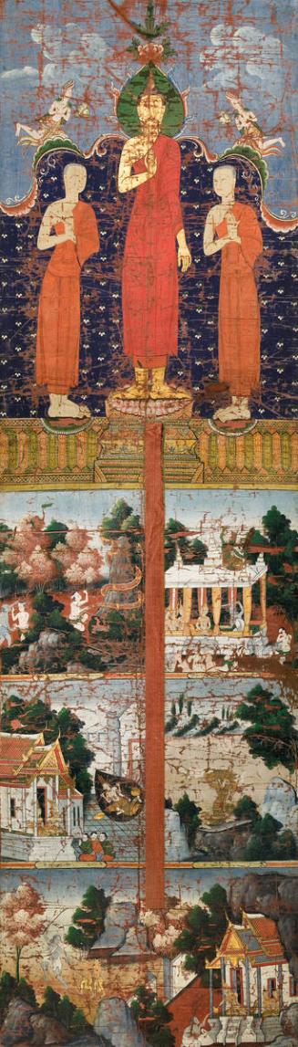 Standing Buddha flanked by two disciples; and five scenes of the Buddha's previous lives