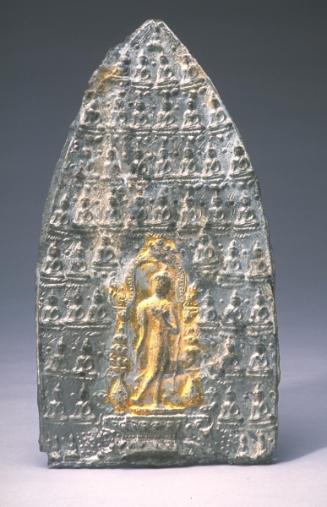 Votive plaque with walking Buddha and multiple small seated Buddhas