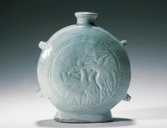 Flat bottle with crane, deer, and tree design