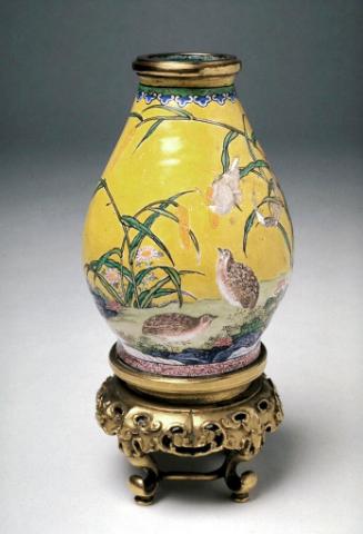 Vase depicting quail by a rice paddy