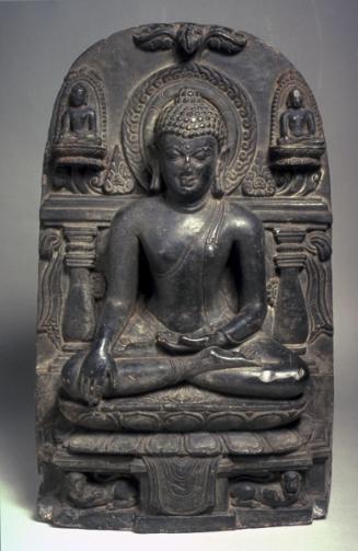 The Buddha triumphing over Mara, flanked by two seated Buddhas