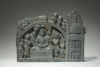 Fragment of a false dormer with a scene perhaps of the bodhisattva Svetaketu, flanked by Brahma and Indra, in Tushita heaven awaiting rebirth as Siddhartha