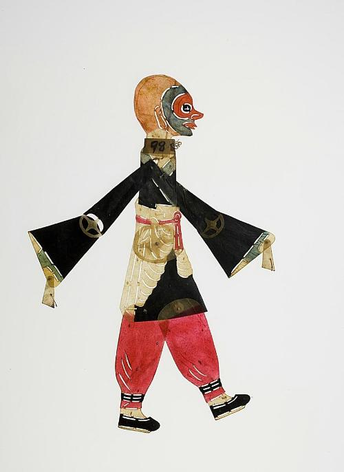 Clown or comedian figure with blue face and red mask