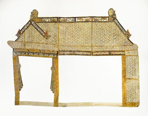 Architectural structure with bamboo-style roof beams and thatched roof