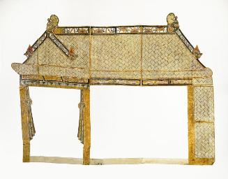 Architectural structure with bamboo-style roof beams and thatched roof