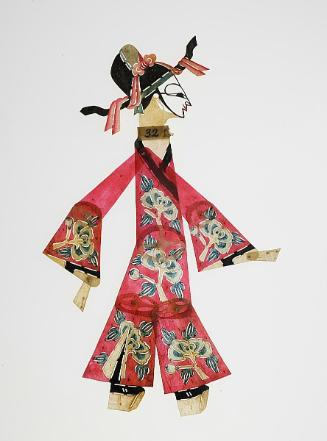 Male figure in red robe with floral design and black official's hat