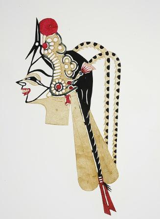 Head with black braid and pheasant-feathered headress