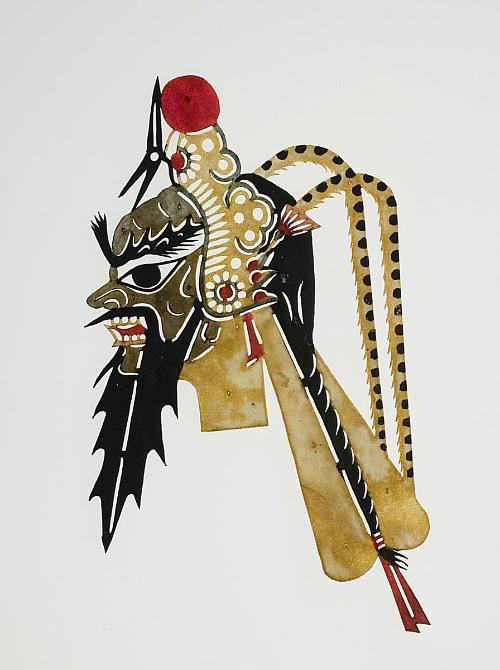 Gray-faced head with black bearc and pheasant-feathered headdress