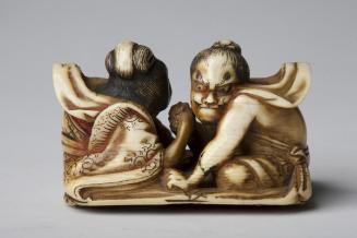 Temple guardian Nio and goddess Benten arm wrestling on a straw sandal
