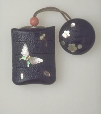 Inro in the shape of a leather tobacco pouch with insect design
