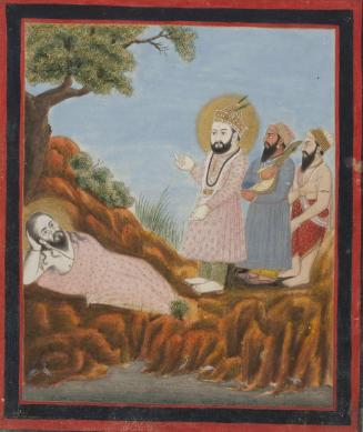 Guru Nanak’s discourse with Datatre on Mount Byar, page from a manuscript of the Janam Sakhi (Life Stories)
