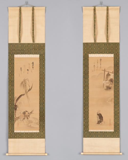 The monk Saigyō gazing at a temple bell; The monk Nōin sleeping beside a stream