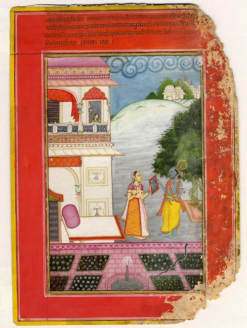 The Hindu god Krishna gazes into a mirror held by his consort, from a Rasikapriya (Connoisseur's Delights) series