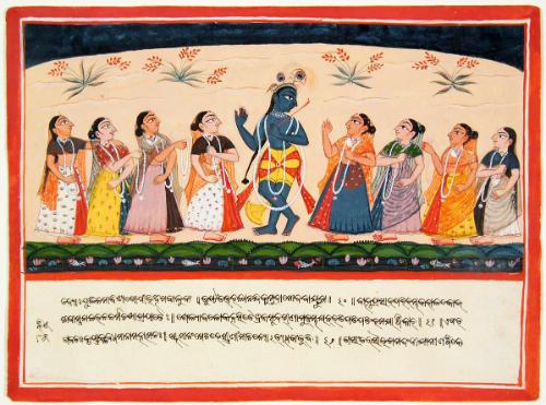 The Hindu god Krishna with young cowherder women, from a manuscript of the Bhagavata Purana (Ancient Tales of the Lord Vishnu)
