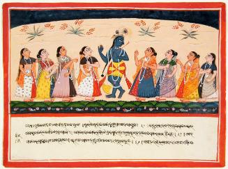 The Hindu god Krishna with young cowherder women, from a manuscript of the Bhagavata Purana (Ancient Tales of the Lord Vishnu)
