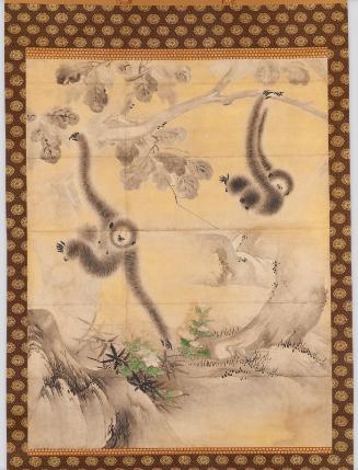 Gibbons playing in oak trees, one of a pair