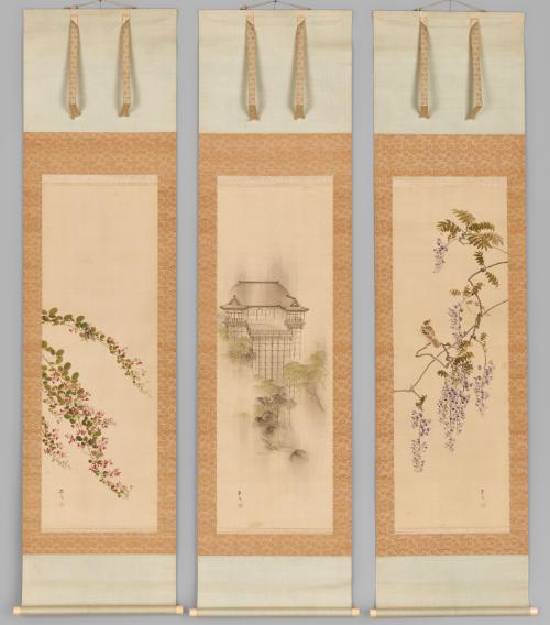 Birds in wisteria; Rain at Kiyomizu Temple; Cicada on autumn Plants
