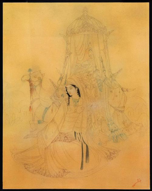 Woman resting near a seated camel