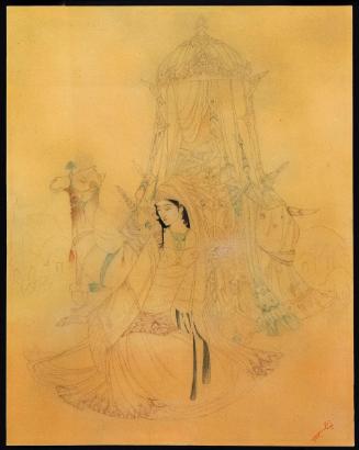 Woman resting near a seated camel