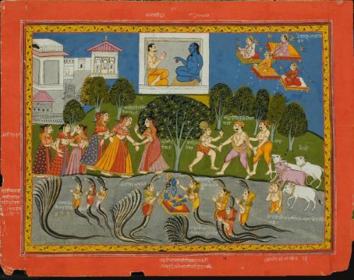 The encounter between the Hindu god Krishna and the serpent Kaliya, from a manuscript of the Bhagavata Purana (Ancient Tales of the Lord Vishnu)