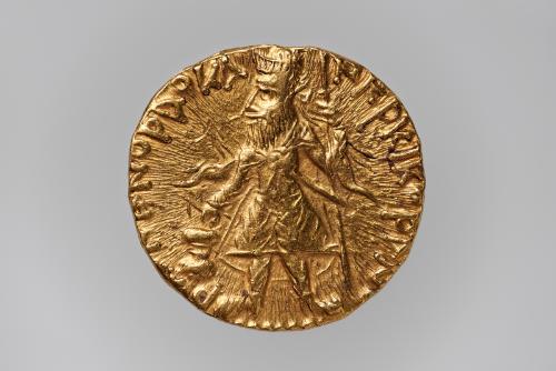 The Kushan king Kanishka, obverse side of a coin issued by Kanishka