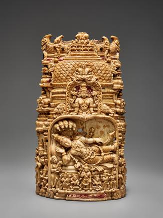 Miniature Hindu shrine with Vishnu reclining on the cosmic ocean