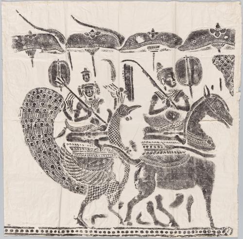 The deities Skanda and Kubera, rubbing of a twelfth-century relief at Angkor Wat