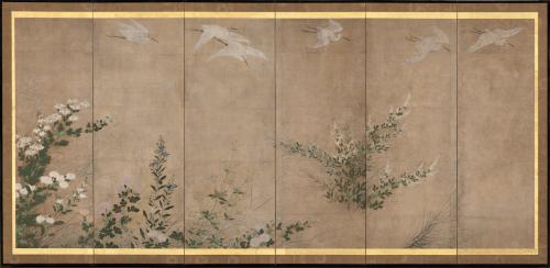 Egrets, willows, and autumn plants (one of a pair)