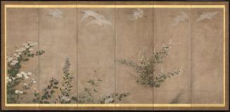 Egrets, willows, and autumn plants (one of a pair)