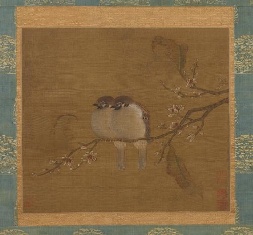 Two Sparrows on a Blossoming Prunus Branch