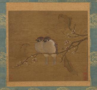 Two Sparrows on a Blossoming Prunus Branch